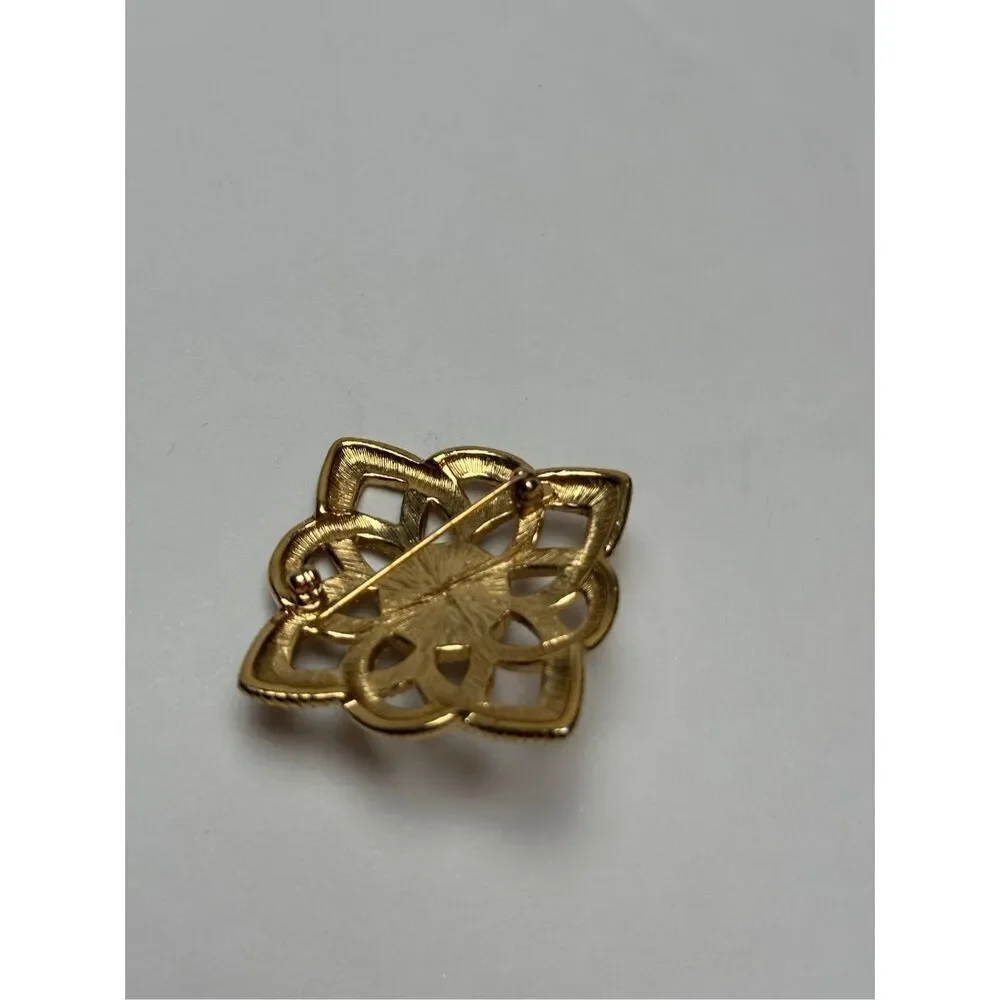 Vintage Gold-Tone Filigree Brooch with Faux Pearl Center